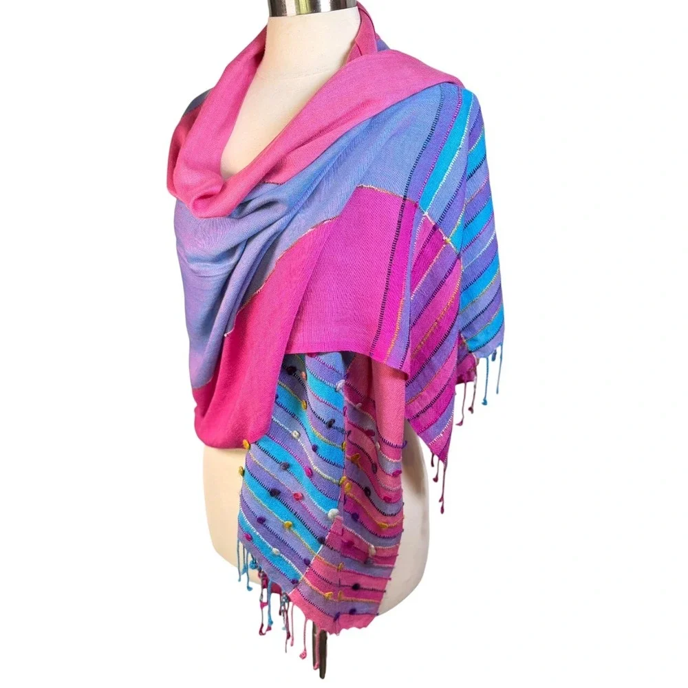 NWOT NO LABEL Bright Pink & Blue Bohemian Scarf/Shawl/Wrap